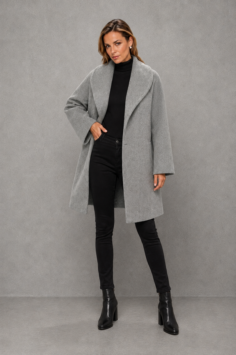 Women's elegant windproof longline coat in a relaxed fit, crafted from a soft warm fabric for autumn and winter. A timeless overcoat designed for comfortable layering, everyday wear, commuting and smart casual occasions.