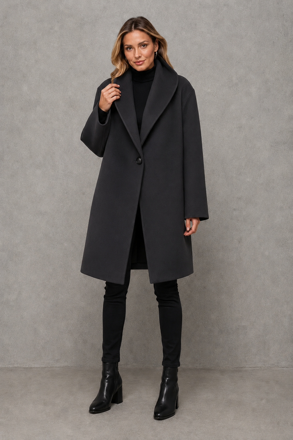Women's elegant windproof longline coat in a relaxed fit, crafted from a soft warm fabric for autumn and winter. A timeless overcoat designed for comfortable layering, everyday wear, commuting and smart casual occasions.