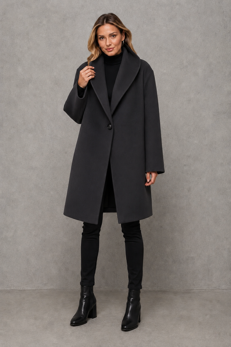 Women's elegant windproof longline coat in a relaxed fit, crafted from a soft warm fabric for autumn and winter. A timeless overcoat designed for comfortable layering, everyday wear, commuting and smart casual occasions.