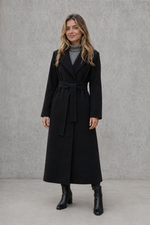 Women's elegant wrap coat in a longline design with a tailored lapel collar and adjustable matching waist belt, offering a flattering regular fit and lightweight warmth for autumn and winter wear.