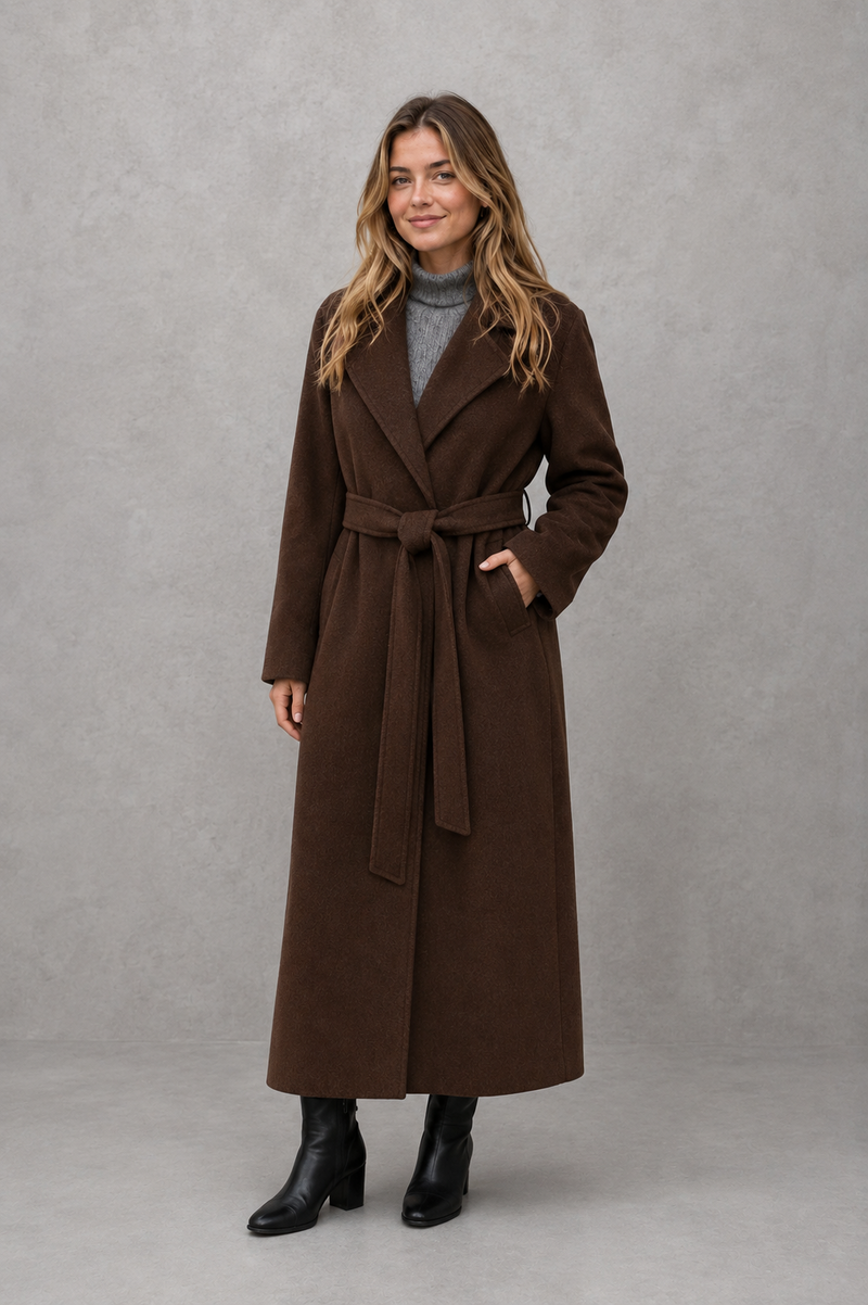 Women's elegant wrap coat in a longline design with a tailored lapel collar and adjustable matching waist belt, offering a flattering regular fit and lightweight warmth for autumn and winter wear.