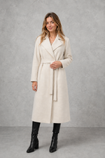 Women's elegant wrap coat in a longline design with a tailored lapel collar and adjustable matching waist belt, offering a flattering regular fit and lightweight warmth for autumn and winter wear.