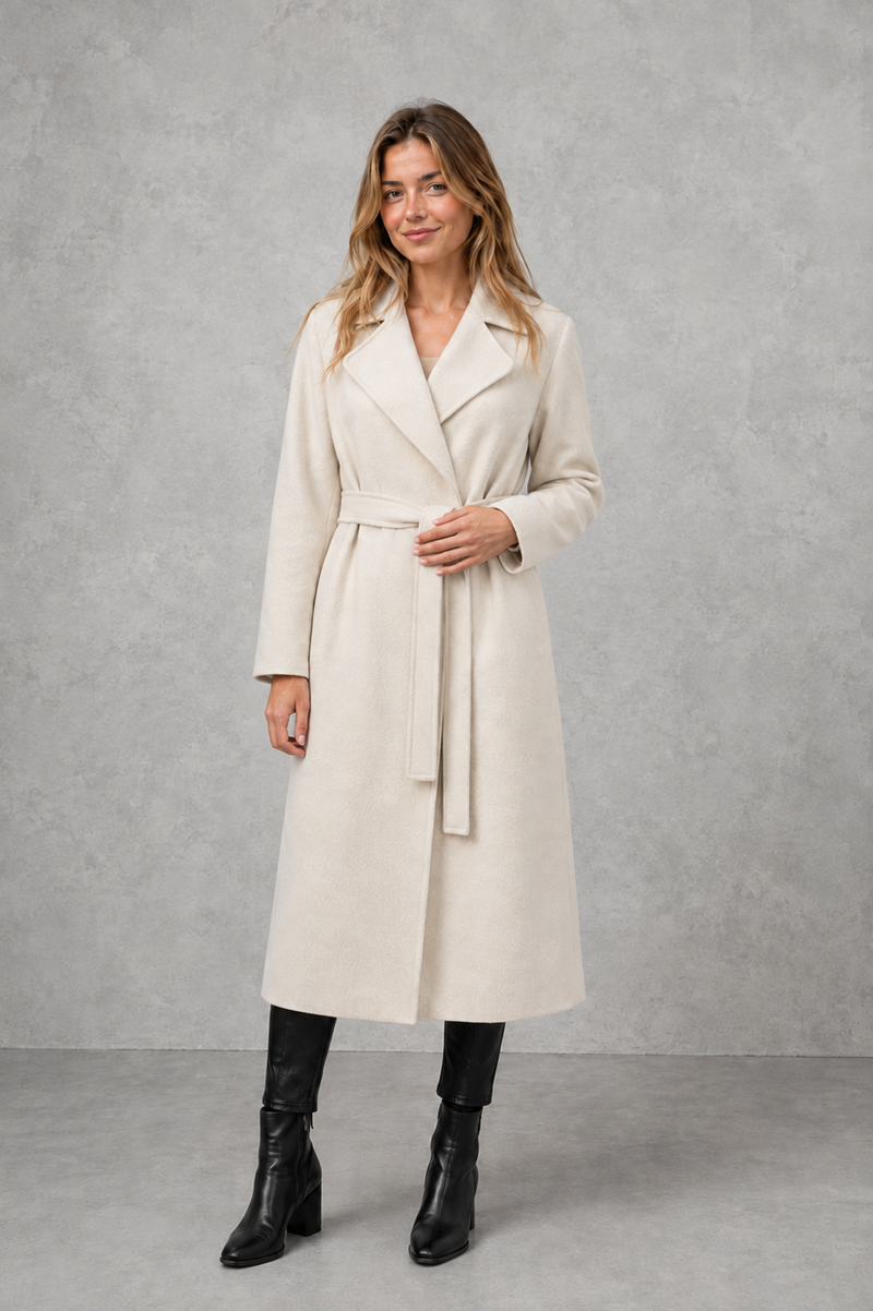 Women's elegant wrap coat in a longline design with a tailored lapel collar and adjustable matching waist belt, offering a flattering regular fit and lightweight warmth for autumn and winter wear.