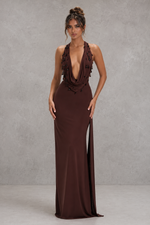 Women’s Embellished Halter Maxi Dress with Draped Cowl Neck for Evening & Formal Wear