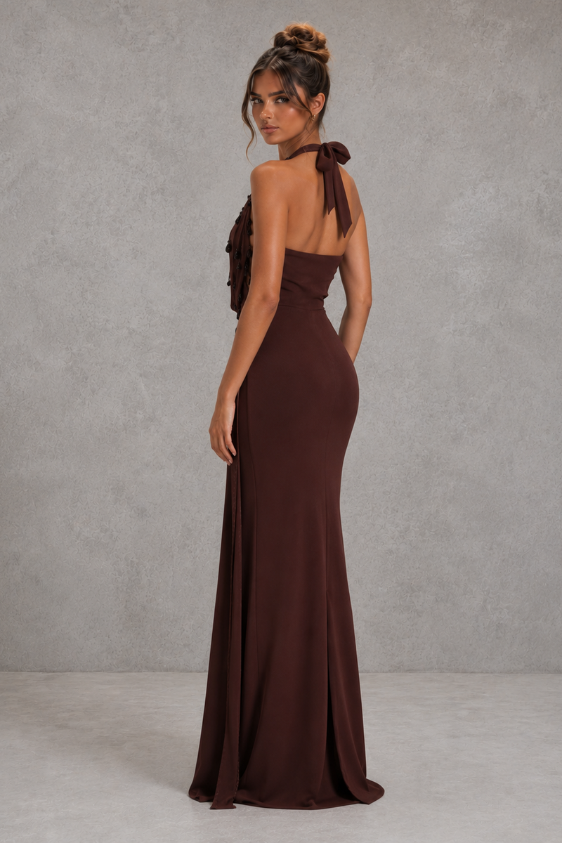 Women’s Embellished Halter Maxi Dress with Draped Cowl Neck for Evening & Formal Wear