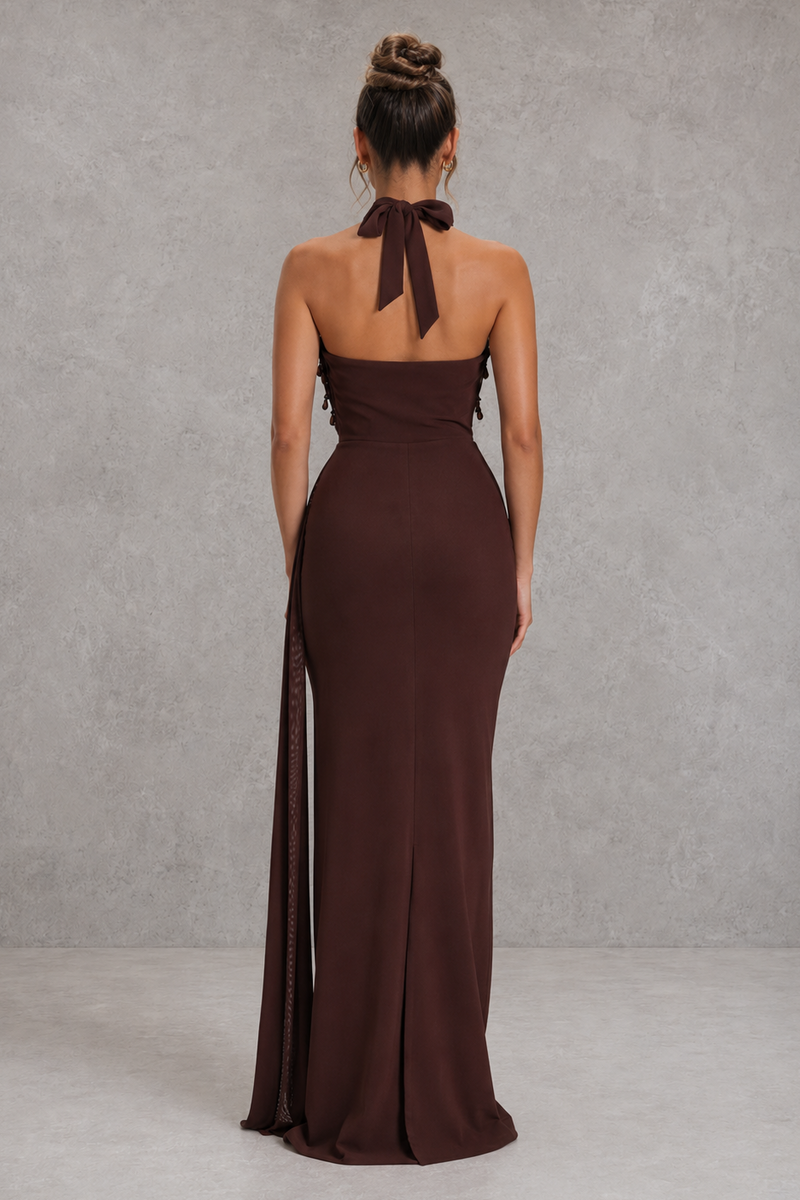 Women’s Embellished Halter Maxi Dress with Draped Cowl Neck for Evening & Formal Wear