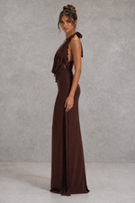 Women’s Embellished Halter Maxi Dress with Draped Cowl Neck for Evening & Formal Wear