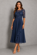 Women’s Embroidered Lace Midi Dress with Chiffon Skirt for Wedding & Occasion Wear