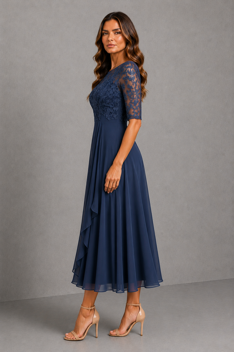 Women’s Embroidered Lace Midi Dress with Chiffon Skirt for Wedding & Occasion Wear