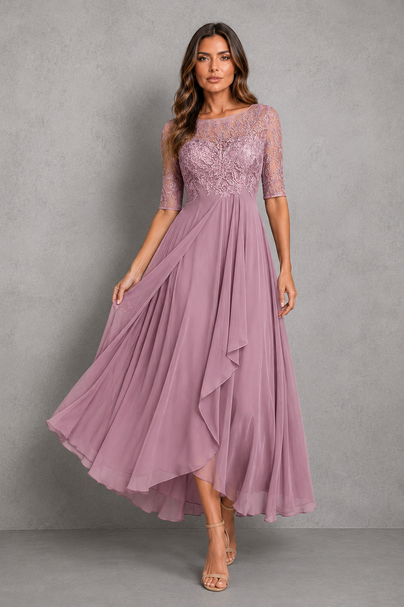 Women’s Embroidered Lace Midi Dress with Chiffon Skirt for Wedding & Occasion Wear