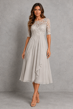 Women’s Embroidered Lace Midi Dress with Chiffon Skirt for Wedding & Occasion Wear