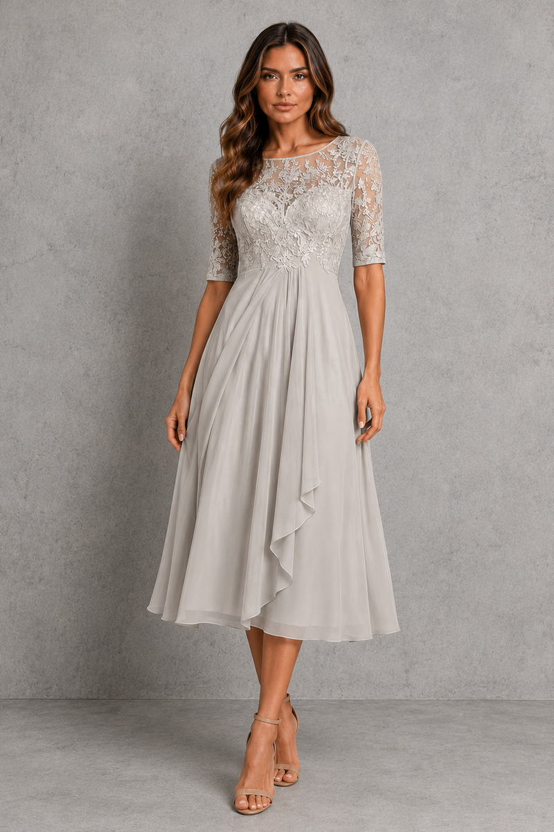 Women’s Embroidered Lace Midi Dress with Chiffon Skirt for Wedding & Occasion Wear