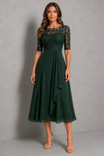 Women’s Embroidered Lace Midi Dress with Chiffon Skirt for Wedding & Occasion Wear