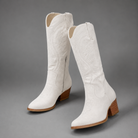 Women's embroidered western cowboy boots in a knee-high design with a soft suede-look finish, decorative stitching, mid-height heel, side zip fastening and durable TPR sole, ideal for everyday autumn and winter wear.
