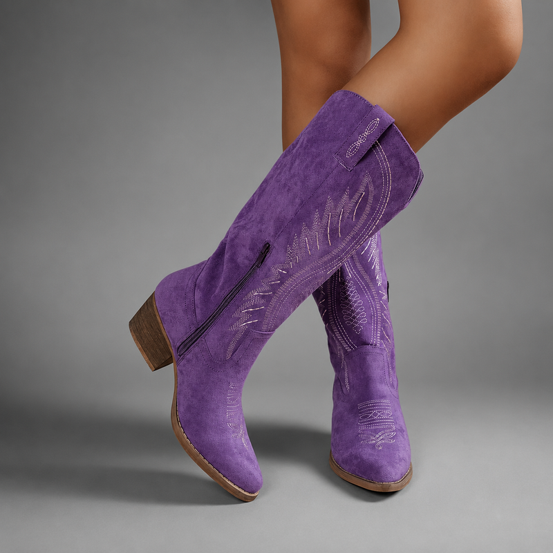 Women's embroidered western cowboy boots in a knee-high design with a soft suede-look finish, decorative stitching, mid-height heel, side zip fastening and durable TPR sole, ideal for everyday autumn and winter wear.