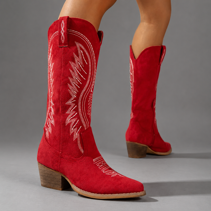 Women's embroidered western cowboy boots in a knee-high design with a soft suede-look finish, decorative stitching, mid-height heel, side zip fastening and durable TPR sole, ideal for everyday autumn and winter wear.