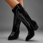 Women's embroidered western cowboy boots in a knee-high design with a soft suede-look finish, decorative stitching, mid-height heel, side zip fastening and durable TPR sole, ideal for everyday autumn and winter wear.