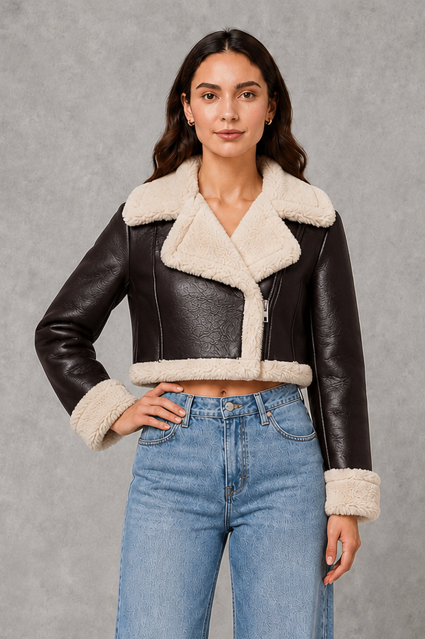 Women’s cropped winter jacket with a soft faux fur collar, contemporary silhouette and elegant finish for smart-casual and evening styling.