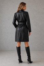 Women's long faux leather trench coat with a slim-fit silhouette, belted waist, lapel collar and soft faux fur lining, available in black, brown, rose red and wine red.