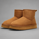 Women's faux suede platform ankle boots with a soft faux fur lining, 2-inch lightweight EVA platform sole, slip-on design with rear pull tab, and non-slip outsole, offering warm and stylish comfort for autumn and winter wear.