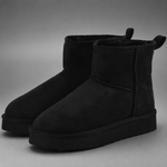 Women's faux suede platform ankle boots with a soft faux fur lining, 2-inch lightweight EVA platform sole, slip-on design with rear pull tab, and non-slip outsole, offering warm and stylish comfort for autumn and winter wear.