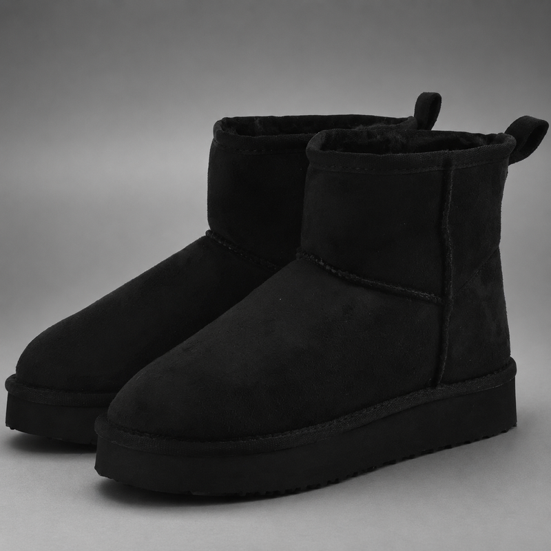 Women's faux suede platform ankle boots with a soft faux fur lining, 2-inch lightweight EVA platform sole, slip-on design with rear pull tab, and non-slip outsole, offering warm and stylish comfort for autumn and winter wear.
