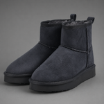 Women's faux suede platform ankle boots with a soft faux fur lining, 2-inch lightweight EVA platform sole, slip-on design with rear pull tab, and non-slip outsole, offering warm and stylish comfort for autumn and winter wear.