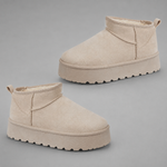 Women's faux suede platform snow boots with a soft faux fur lining, slip-on ankle-height design, round toe, back pull tab, 1.75-inch platform sole and non-slip outsole for warm, comfortable winter everyday wear.