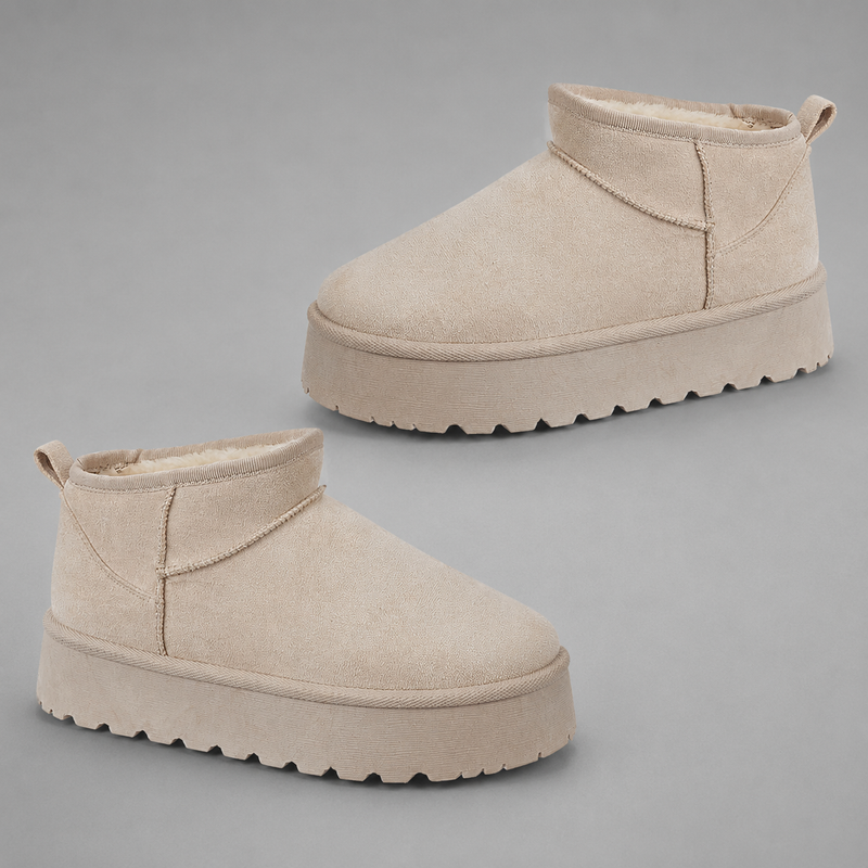Women's faux suede platform snow boots with a soft faux fur lining, slip-on ankle-height design, round toe, back pull tab, 1.75-inch platform sole and non-slip outsole for warm, comfortable winter everyday wear.