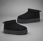 Women's faux suede platform snow boots with a soft faux fur lining, slip-on ankle-height design, round toe, back pull tab, 1.75-inch platform sole and non-slip outsole for warm, comfortable winter everyday wear.