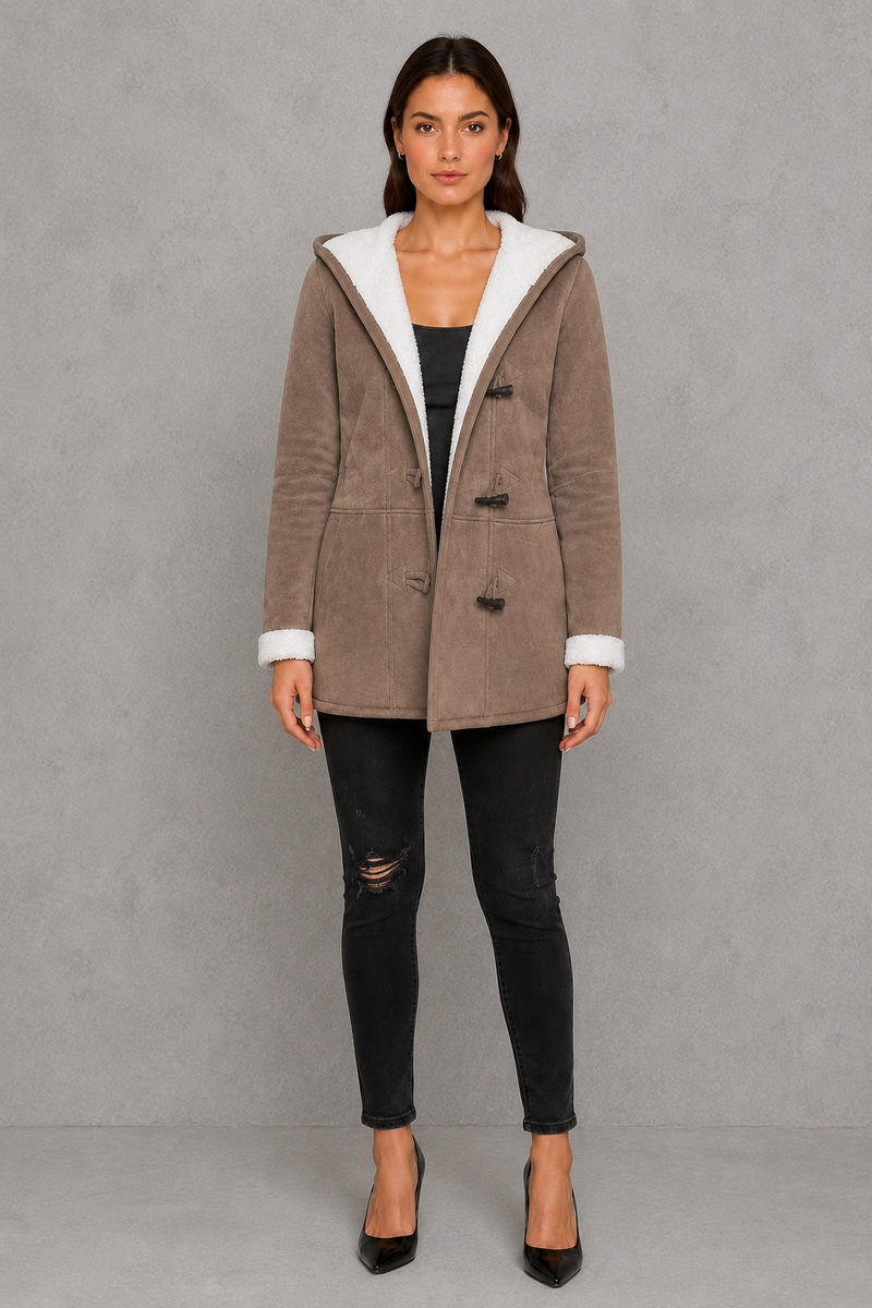 Women’s fleece-lined toggle coat with hood, designed for warm and cosy autumn and winter wear.