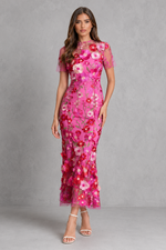 Women’s Floral Appliqué Midi Dress with Sheer Sleeves for Wedding & Occasion Wear