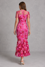 Women’s Floral Appliqué Midi Dress with Sheer Sleeves for Wedding & Occasion Wear