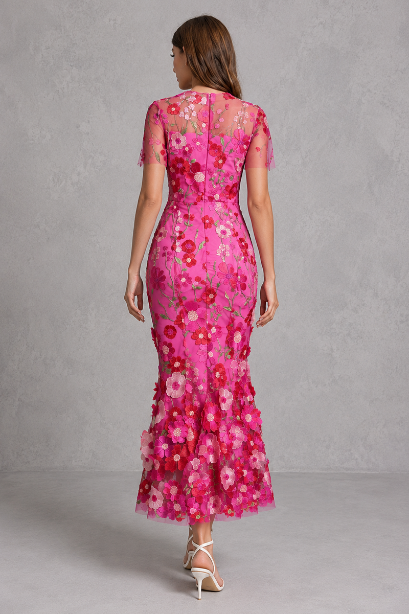 Women’s Floral Appliqué Midi Dress with Sheer Sleeves for Wedding & Occasion Wear