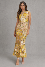 Women’s Floral Appliqué Midi Dress with Sheer Sleeves for Wedding & Occasion Wear