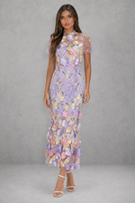 Women’s Floral Appliqué Midi Dress with Sheer Sleeves for Wedding & Occasion Wear