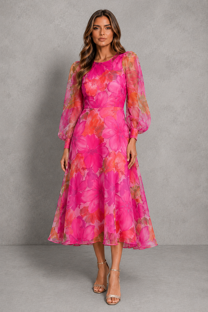 Women’s Floral Chiffon Midi Dress with Sheer Sleeves for Wedding & Occasion Wear