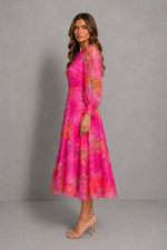 Women’s Floral Chiffon Midi Dress with Sheer Sleeves for Wedding & Occasion Wear