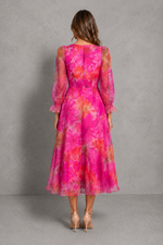 Women’s Floral Chiffon Midi Dress with Sheer Sleeves for Wedding & Occasion Wear