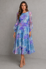 Women’s Floral Chiffon Midi Dress with Sheer Sleeves for Wedding & Occasion Wear