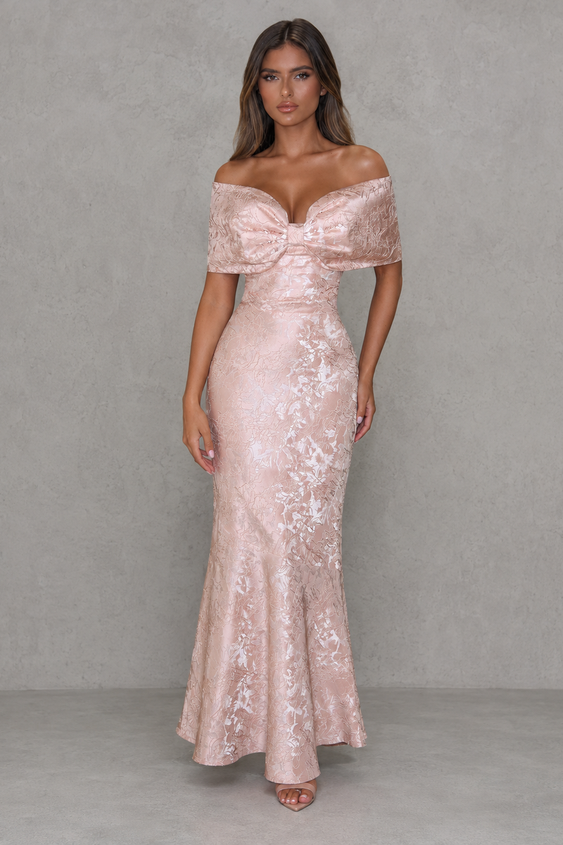 Women’s Floral Jacquard Maxi Dress with Bardot Bow Neckline for Evening & Formal Wear