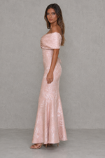 Women’s Floral Jacquard Maxi Dress with Bardot Bow Neckline for Evening & Formal Wear