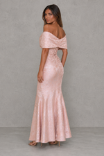 Women’s Floral Jacquard Maxi Dress with Bardot Bow Neckline for Evening & Formal Wear