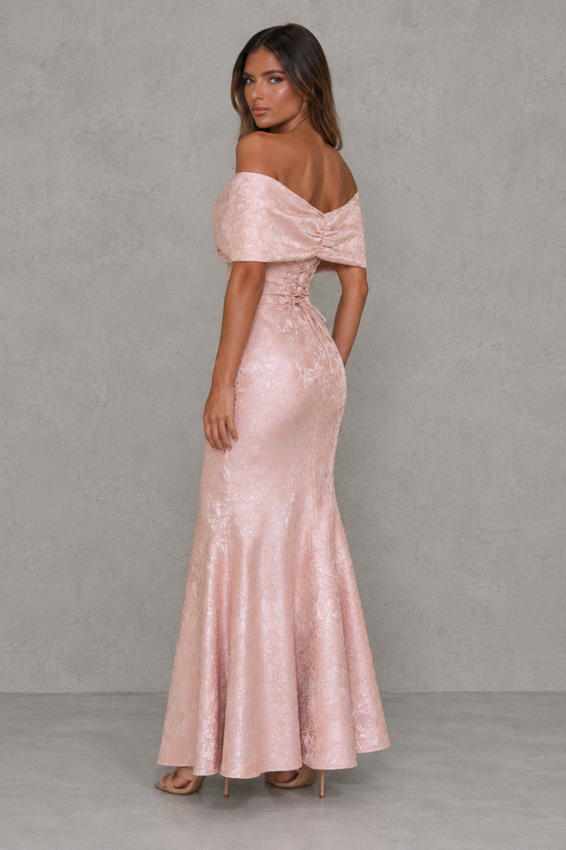 Women’s Floral Jacquard Maxi Dress with Bardot Bow Neckline for Evening & Formal Wear