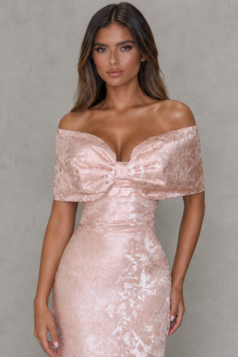 Women’s Floral Jacquard Maxi Dress with Bardot Bow Neckline for Evening & Formal Wear