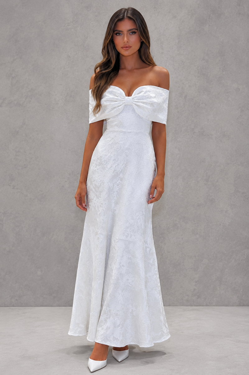 Women’s Floral Jacquard Maxi Dress with Bardot Bow Neckline for Evening & Formal Wear