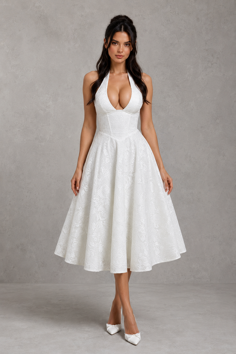 Woman wearing a white dress against a gray background