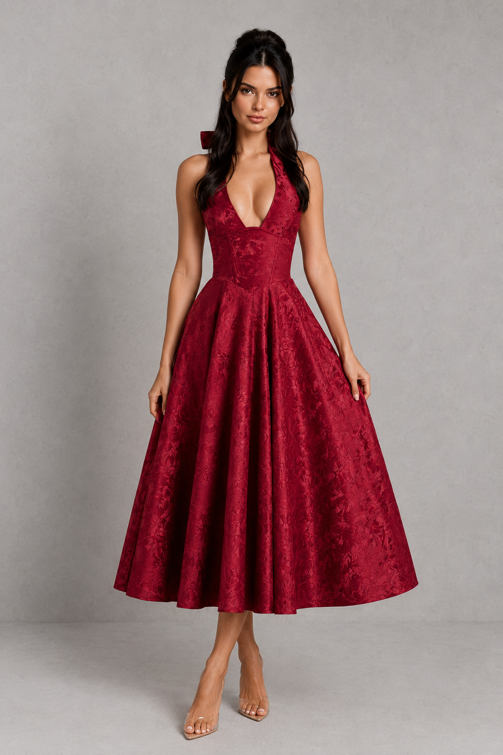 Woman wearing a red dress against a gray background