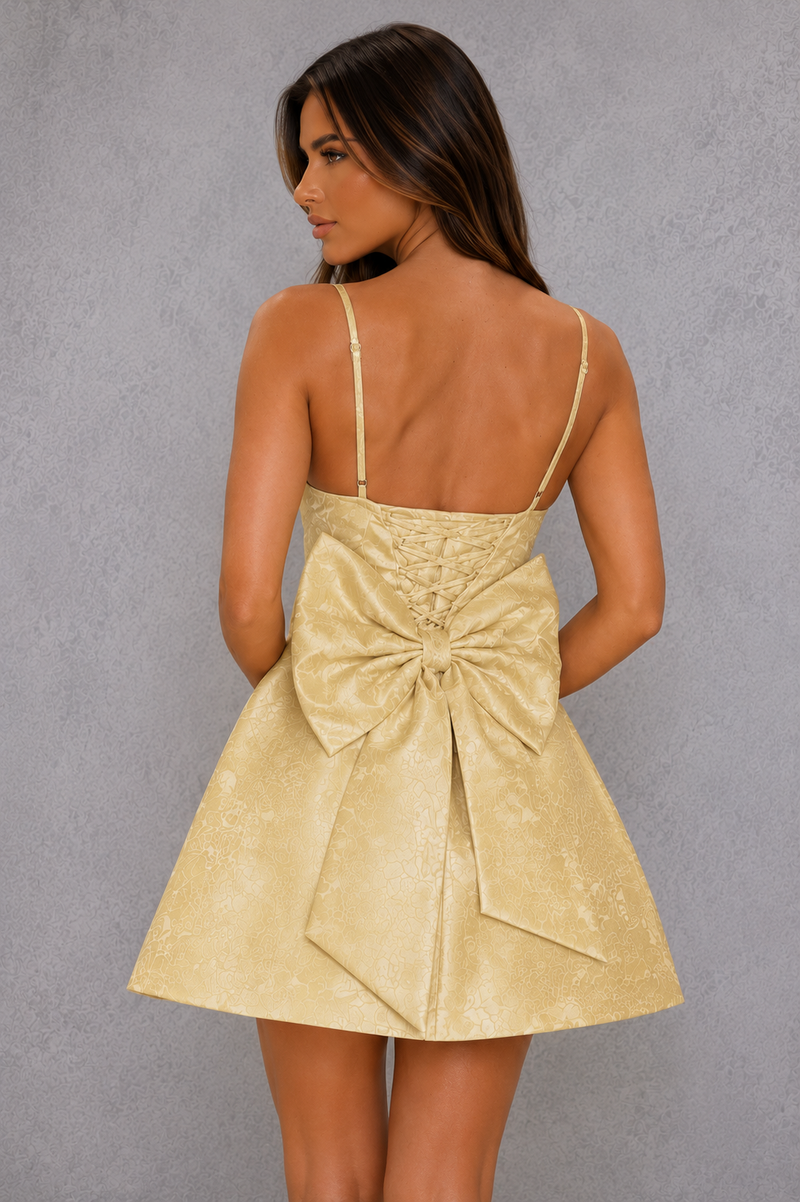 Women’s Floral Jacquard Mini Dress with Bow Detail for Parties & Special Occasions