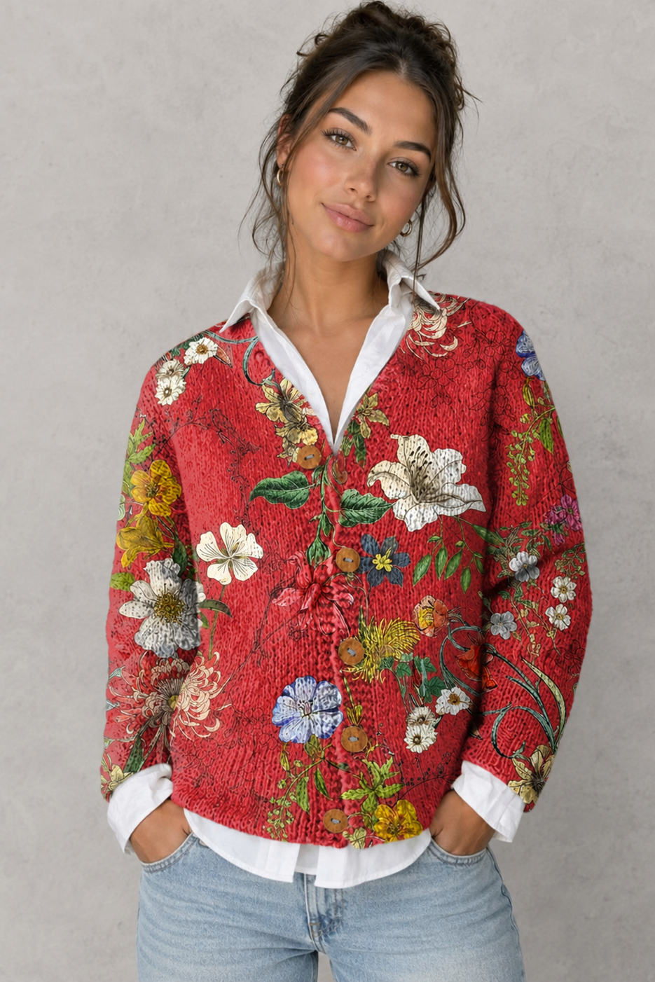 Women's floral knit open-front cardigan in a soft knitted fabric with a relaxed fit, featuring an elegant floral pattern, long sleeves, and a lightweight design for comfortable everyday layering during cooler seasons.